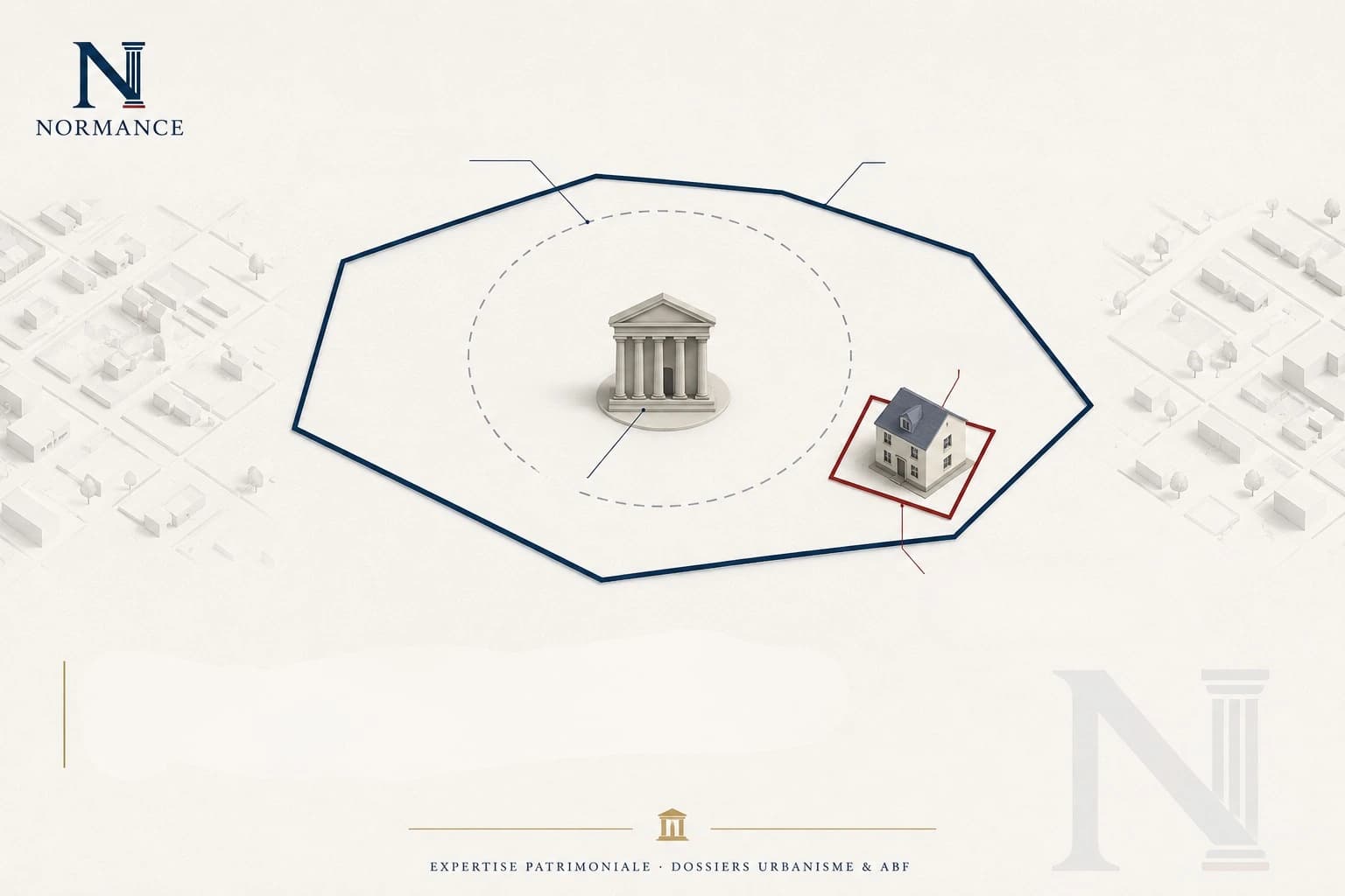 Vue isométrique d’un quartier. Au centre, un monument historique posé sur son socle, cerné par un cercle en tirets. Un polygone tracé au trait plein l’entoure largement, sans en suivre la forme. À droite, une maison est cernée d’un cadre rouge : elle se trouve à l’extérieur du cercle et à l’intérieur du polygone.